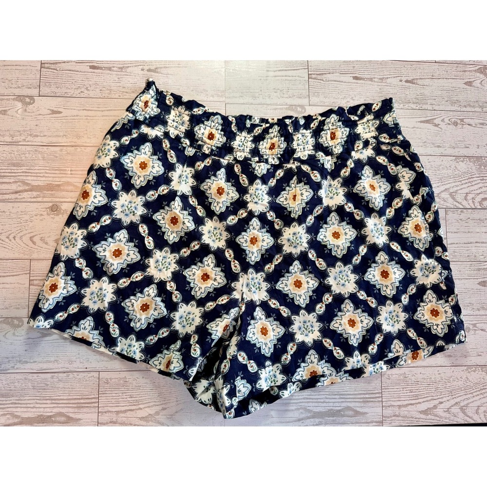 By Anthropologie Shorts Womens Small Navy Blue Exc Smocked Waist Tile Print
